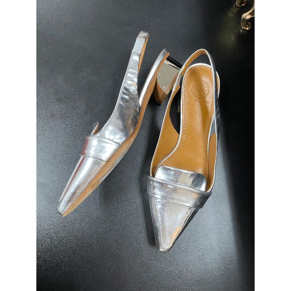 Tory Burch Silver Leather Sadie Slingback Flats Size 6.5, MSRP $295 - Picture 6 of 11